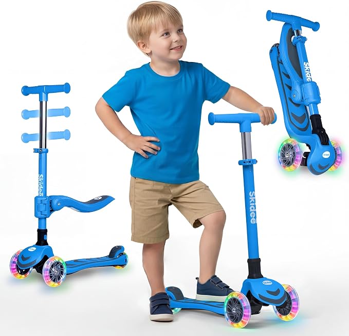 SKIDEE Kick Scooter for Kids Ages 3-5 | Foldable 3 Wheel Scooter with Lean-to-Steer, Adjustable Height, Removable Seat & LED Light Wheels | Toddler Scooter Up to 12 Year Old Boys/Girls