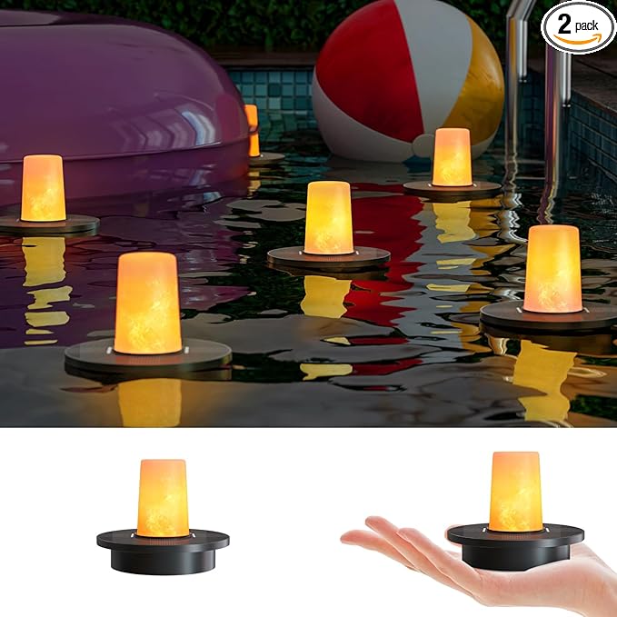Solar Floating Pool Lights 2-Pack, 3.8” Small Floating Flickering Candles for Pools, Pond, Garden & Outdoor Decor, IP66 Water-Resistant, Auto Dusk-to-Dawn, 8-Hour Ambient Lighting