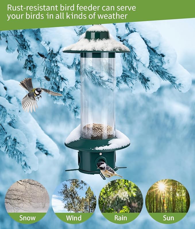 Squirrel Proof Bird Feeders for Outdoor: 4.8LB Large Capacity Hanging Bird Feeder, Weight-Activated Mechanism Wild Bird Feeders, Chew-Proof Metal Birdfeeder for Finch Cardinal Chickadee