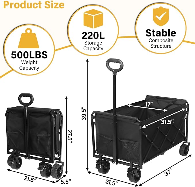 Collapsible Wagons Carts Foldable Wagon, 500LBS Collapsible Wagon Cart Foldable with Wheels & Brakes, Large Heavy Duty Folding Wagon Cart Utility for Camping, Picnic, Beach, Grocery, Sport, Shopping
