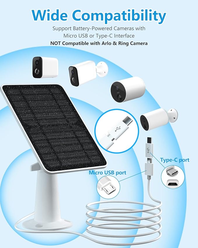 Solar Panel Charger Compatible with Eufycam 3/3C/2C/2C Pro/E40/E20/2/2 Pro/E/L20/L40/Solo/SoloCam Spotlight, 5W Solar Panel for Eufy Camera, Micro USB & USB-C Port, 9.8ft Cable, P65 Waterproof, 1 Pack