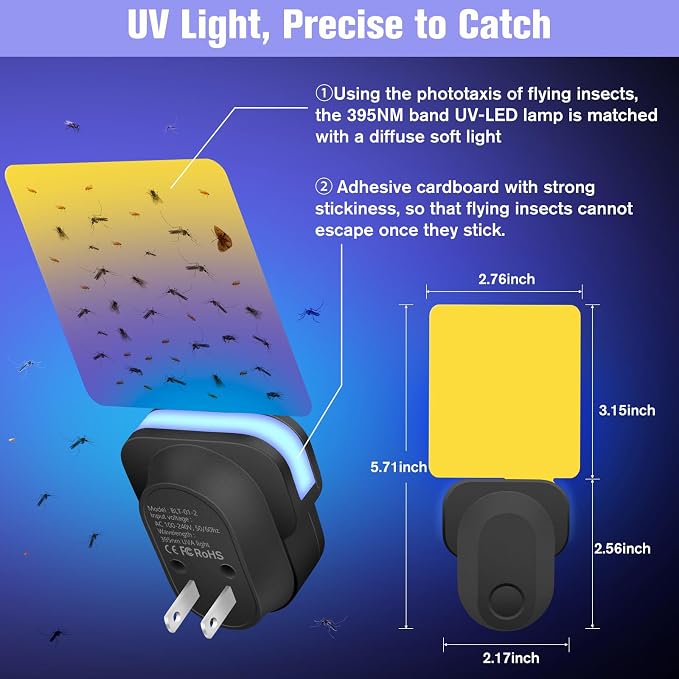 Flying Insect Trap Plug-in, Indoor Mosquito & Gnat Killer, Safe Non-Toxic UV Light Fly Catcher, Night Light Bug Trap with Sticky Pad for Flies, Gnats, Moths (2 Pack, Black)