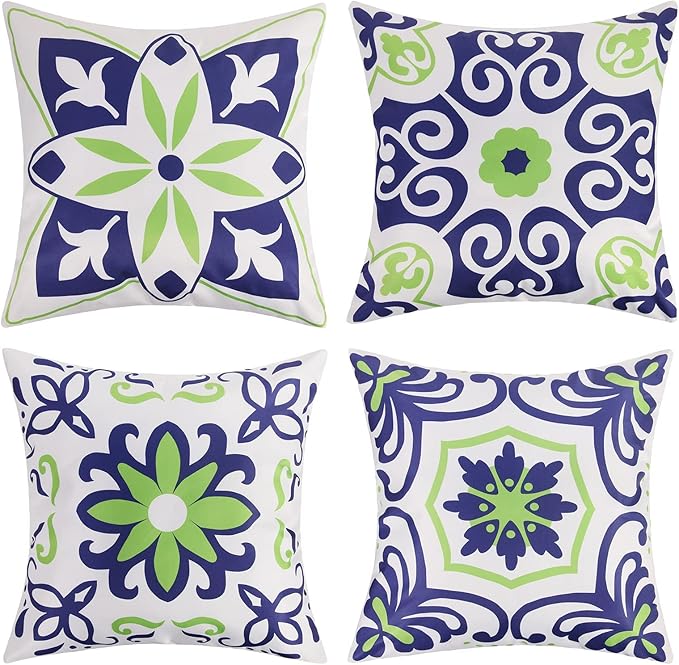Pyonic Outdoor Pillow Covers 16x16 Set of 4,Spring Summer Foral Garden Waterproof Throw Pillow Covers Cushion Covers for Patio Couch Tent,Navy Blue
