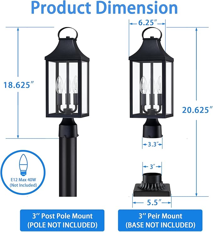 18.62 Post Light Outdoor, Large 3-Light Lamp Post Light Fixture, Modern Pillar Outside Lighting Waterproof Post Lantern Lamp Outdoor Post Light Fixtures Pole Lights for Porch, 1 Pack