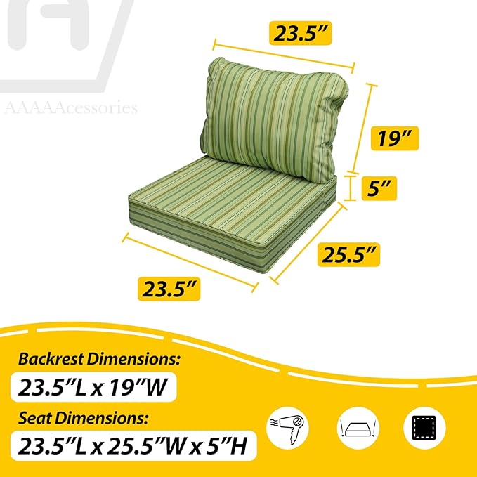AAAAAcessories Outdoor Seat Cushions for Chairs, Fade-Resistant, Waterproof Patio Furniture Replacement Cushions, 23.5" x 25.5" x 5" + 23.5" x 19", Mossy Forest Stripe