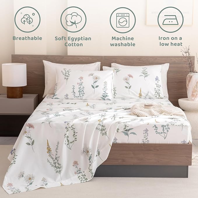 QSH Floral Queen Size Sheet Sets - 100% Egyptian Cotton Sheets Elegant Flower Pattern Printed Bedding Sheets Queen Size Bed Extra Soft and Breathable 4pcs Deep Pockets Bed Sheets