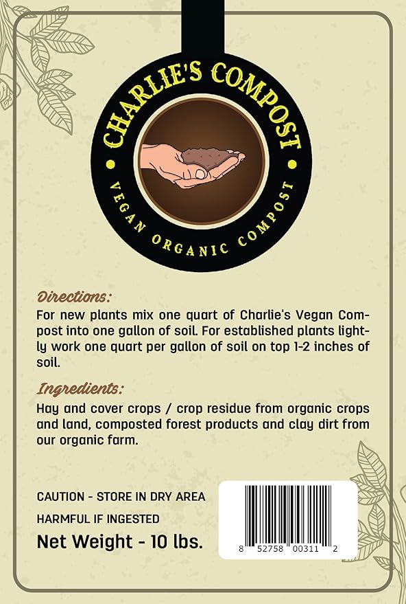 Charlie's Vegan Compost - Concentrated Organic Gardening Vegan Cruelty Free Plant Soil Amendment Dirt Booster - Indoor or Outdoor Garden Farming, Increase Yield in Vegetables, Plants - 10 Lb