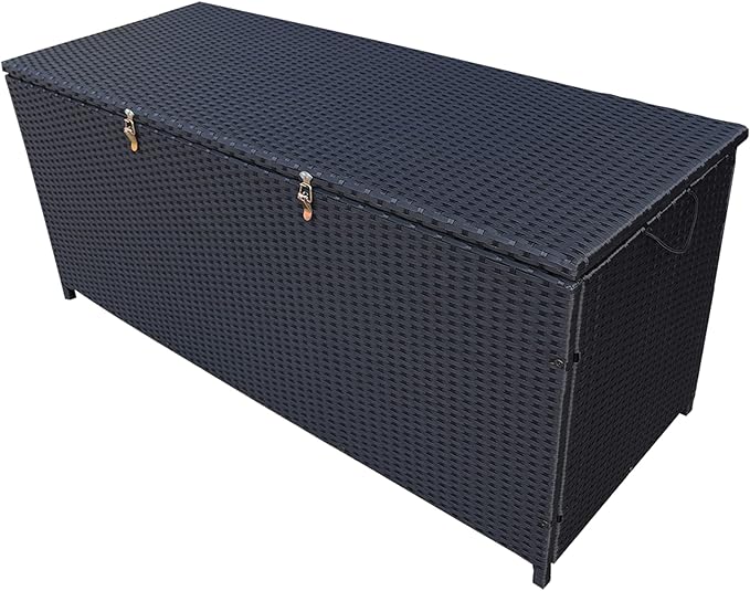 Oakland Living Black Outdoor Storage Box, Wicker-Rattan Bench for Patio, Deck, Pool, Yard & Garden, 113 Gallon