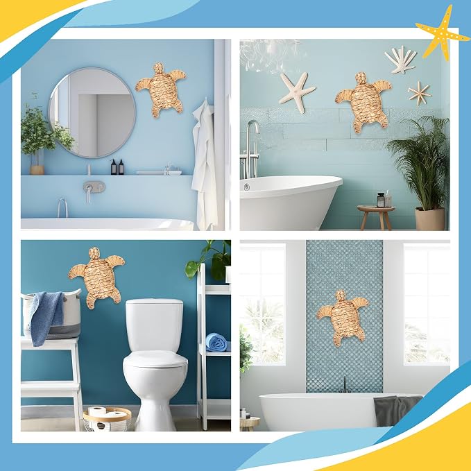 Threehoney Sea Turtle Beach Theme Decor 9.84 Inch Handmade Wicker Turtle Wall Decor Sea Life Hanging Wall Art Coastal Nautical Sculpture Table Decoration for Boho Bathroom Indoor Outdoor Ornament