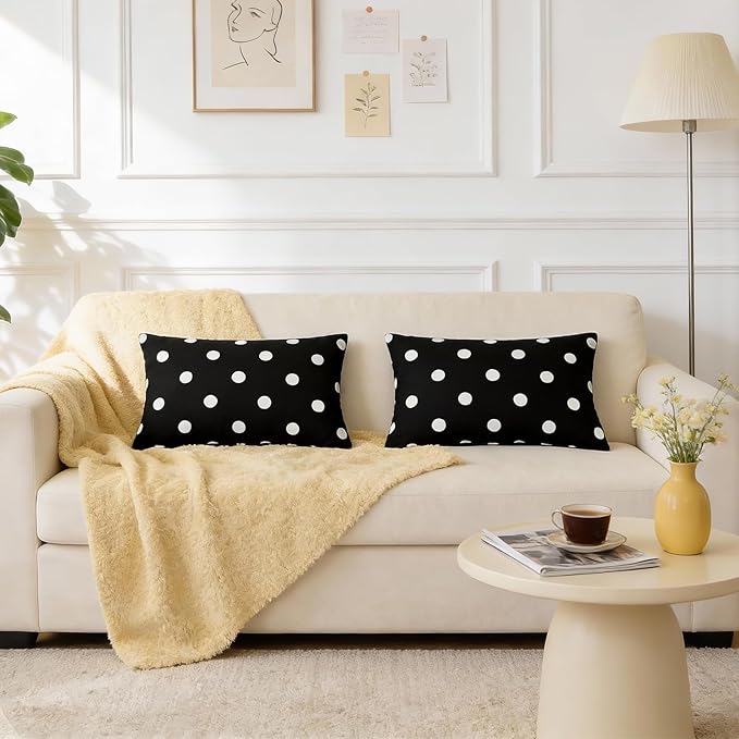 SquarePie Pack of 2 Outdoor Lumbar Pillow Covers Waterproof Decorative Throw Pillowcase Patio Cushion Covers Cases for Spring Garden Couch Balcony Bench Sofa,12x20 inch Black Polka Dot
