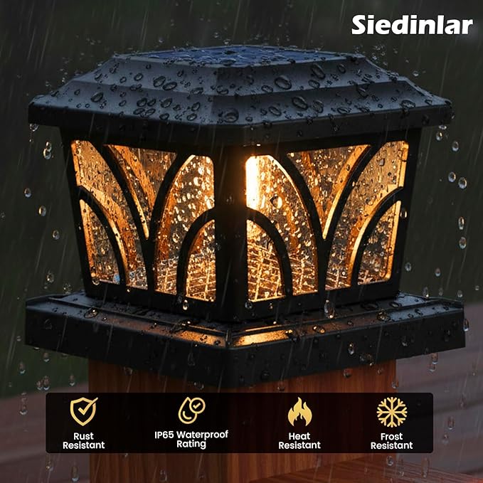 SIEDiNLAR Solar Post Cap Lights Outdoor, Aluminum Glass 2 Modes Fence Post Caps for 4x4 5x5 6x6 Vinyl Wooden Posts Fence Deck Patio Decor, Warm White/Cool White Lighting 2 Pack (Black)