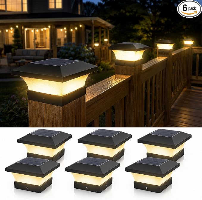 T-SUN 4X4 Solar Post Cap Lights, 6 Pack Warm White LED Fence Post Solar Lights, Outdoor Waterproof Post Lights for Wood & Vinyl Fence Posts, Deck, Patio Railing, Porch, Black