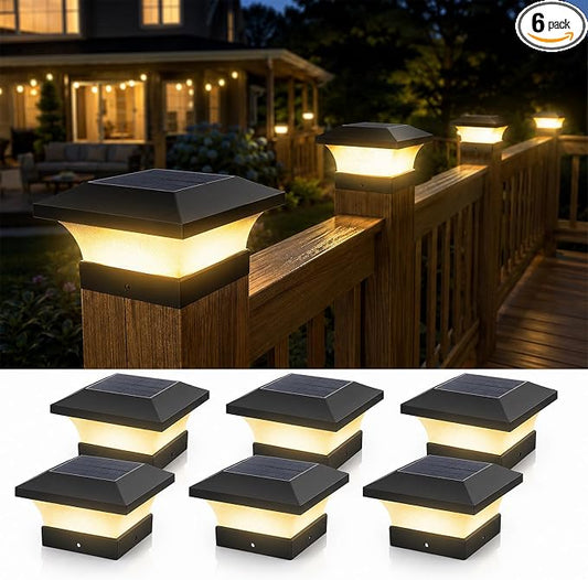 T-SUN 4X4 Solar Post Cap Lights, 6 Pack Warm White LED Fence Post Solar Lights, Outdoor Waterproof Post Lights for Wood & Vinyl Fence Posts, Deck, Patio Railing, Porch, Black