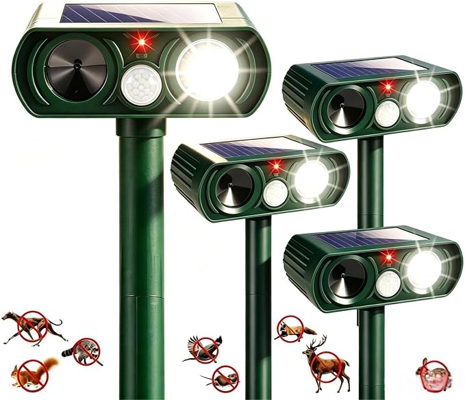 4 Pack New Solar Animal Repellent Ultrasonic Outdoor for Cats Squirrels Racoons Rabbits Foxs Dogs Deer Repellent Devices with Motion Sensor & Flash Light,IP65 Waterproof Animal Deterrent for Garden