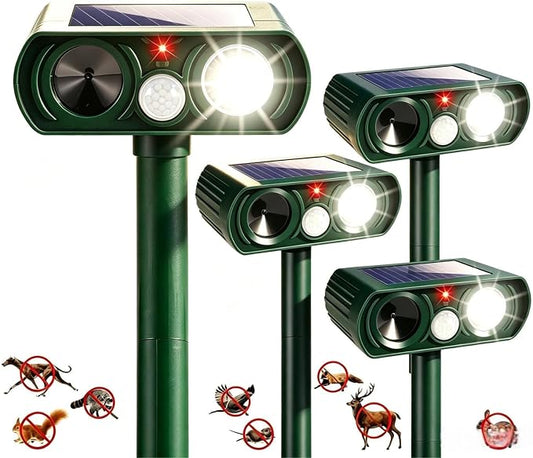 4 Pack New Solar Animal Repellent Ultrasonic Outdoor for Cats Squirrels Racoons Rabbits Foxs Dogs Deer Repellent Devices with Motion Sensor & Flash Light,IP65 Waterproof Animal Deterrent for Garden