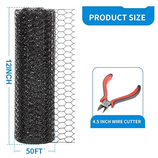 1/2 Inch Black Wire Mesh Roll - 12'' x 50' Chicken Wire Fence, 20 Gauge Hardware Cloth Poultry Netting for Garden/Animal Barrier/Rabbit/Floral/Chicken Coop/DIY Projects