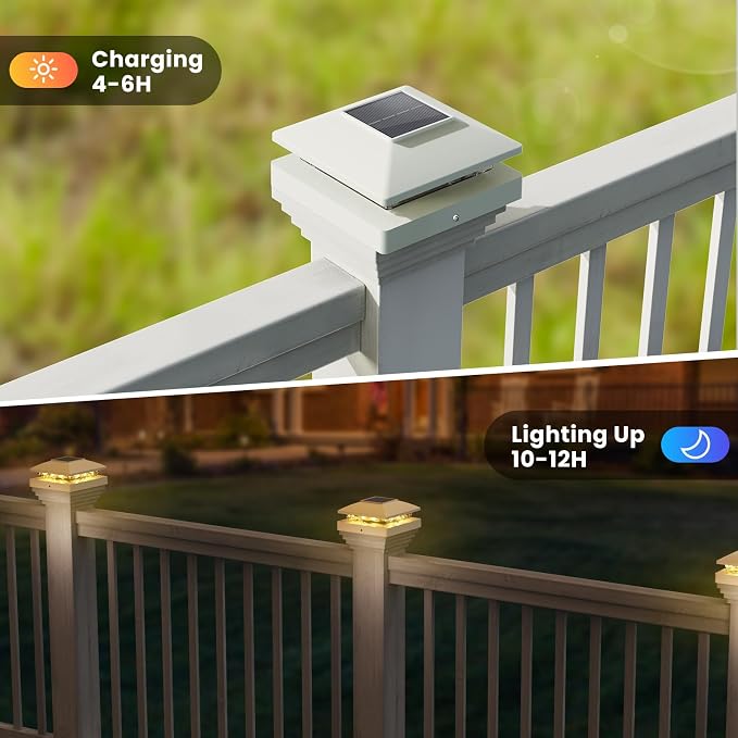 Solar Post Cap Lights Outdoor 6pack, White Waterproof Solar Powered Deck Fence Post Lights Fit 4x4 Wood/Vinyl Posts, Bright Warm White Solar Post Lights Decorate Deck, Patio, Porch, Fence