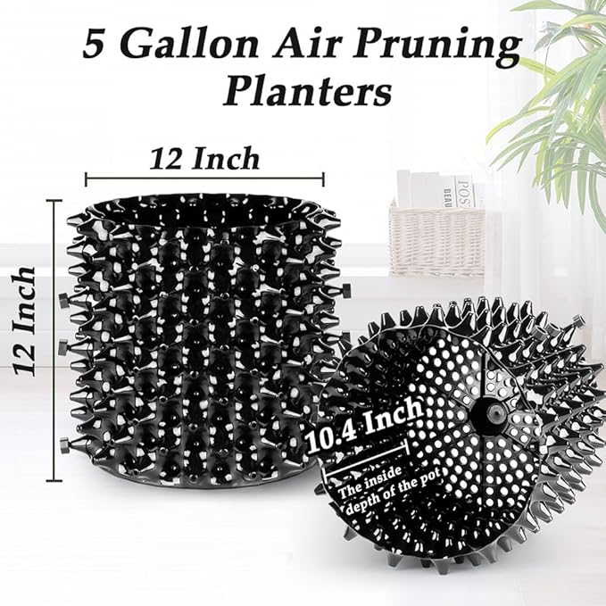 RooTrimmer 5 Gallon Air Pruning Containers, Roots Control Planter New Plastic Nursery Pots Fruit Vegetable Orchard Garden Self-Planting Pots, Size 12"x12", Black, (10P)