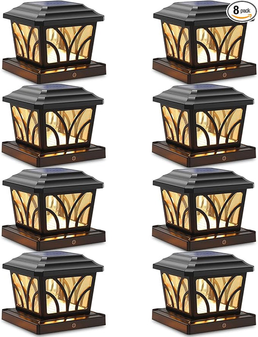 SIEDiNLAR Solar Post Cap Lights Outdoor, Aluminum Glass 2 Modes Edison LED Bulbs for 4x4 5x5 6x6 Wooden/Vinyl Posts Fence Deck Patio Decor, Warm White/Cool White Lighting 8 Pack (Black)