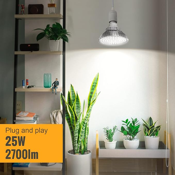 LED Grow Light Bulbs, Hanging Grow Lights for Indoor Plants, 25W 5000K, Height Adjustable Plant Light with Timer, Full Spectrum Grow Light Replace Sunlight for Large Tall Plant, Greenhouse