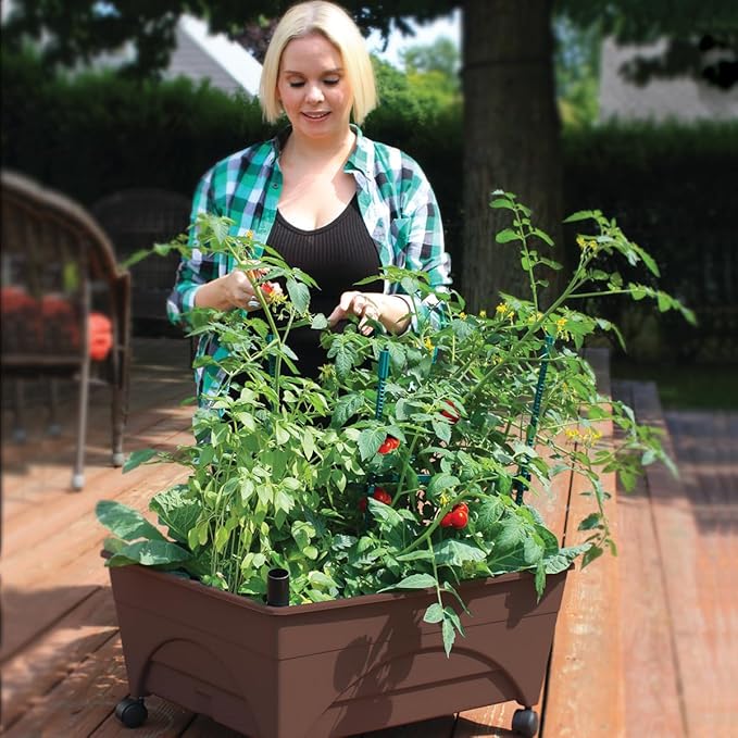 Emsco Group 2345 City Raised Bed Grow Box – Self Watering and Improved Aeration – Mobile Unit with Casters Picker, Earth Brown
