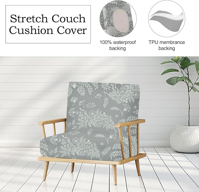 CALBODE Ourdoor Cushion Covers Waterproof Set of 12 Floral Printed Stretch Patio Chair Cushino Covers for Patio Furniture Replacement,Washable Couch Covers for Furniture(Grey)