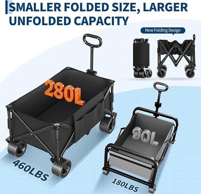 Wagon Carts Foldable, 460LBS Weight Capacity 280L Collapsible Wagon with All-Terrain Wheels, Drink Holders, Storage Cover&Elastic Rope, Utility Carts for Groceries, Shopping, Camping, Sports -Black