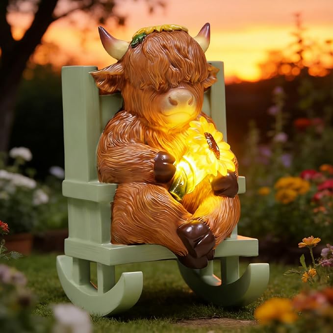 Sheaifun Solar Garden Statues Highland Cow Garden Decor Resin Highland Cow Statue with Light Animal Figurine Outdoor Yard Patio Lawn Decoration Housewarming Gardening Gifts for Women 3.5x5x6.5 in