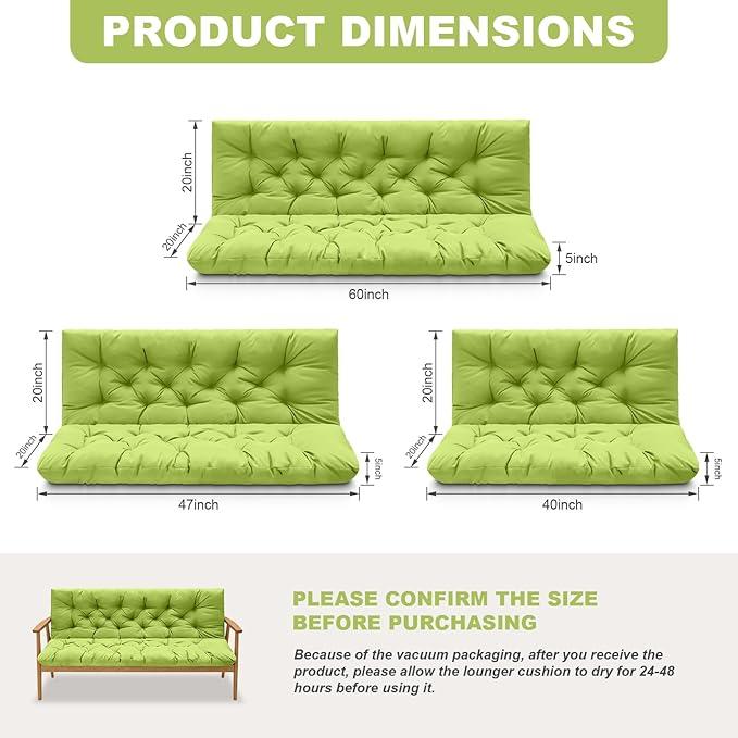Porch Swing Cushions,Outdoor Cushions 3 Seater Replacement with Backrest, Waterproof Thickened Bench Cushion with Ties for Porch, Patio,Outdoor, Backyard and Garden (Grass Green 60 * 40 in)