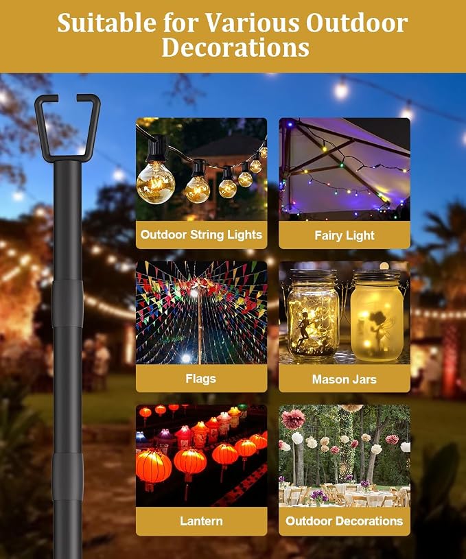 10FT String Light Poles for Outdoor Decor, Sturdy Light Pole with Hard Ground Base, Adjustable Metal Posts for Outside Patio, Backyard, Deck, Garden, Party, Wedding