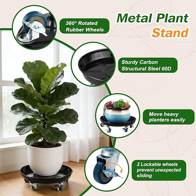 Planterhoma 3 Packs 20" Metal Plant Caddy with Wheels Extra-Large Rolling Plant Stand Heavy-Duty Plant Dolly with Casters Indoor Outdoor Wheeled Flower Pot Mover Rollers Garden Cart Trolley, Black
