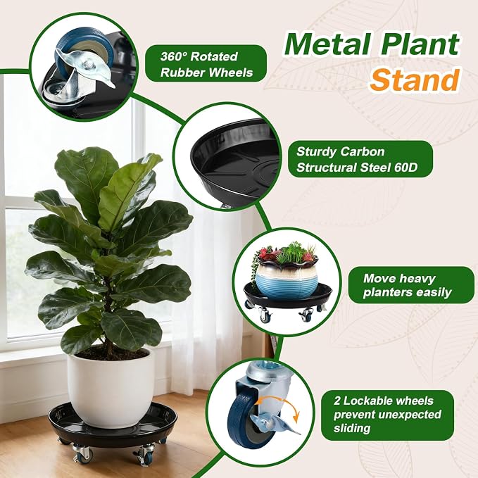 Planterhoma 5 Packs 13 Inch Metal Plant Caddy with Wheels Extra-Large Rolling Plant Stand Heavy-Duty Iron Plant Dolly Casters for Indoor Outdoor Flower Pot Mover Roller Coasters, Black