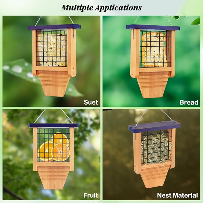 Gbekery Wooden Suet Bird Feeder for Outside Hanging, Woodpecker Suet Feeder with Tail Prop, Hanging Bird Feeder for Wild Birds, 1 Pack, Blue