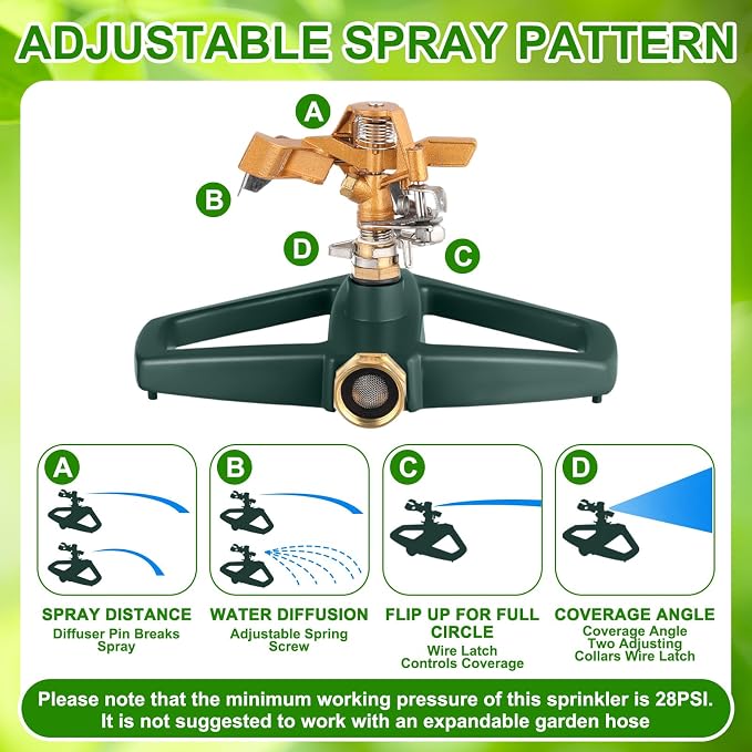 3 Sets Sprinklers for Yard Pulsating Impact Sprinkler with Metal Base Heavy Duty Adjustable Hose for Lawn Large Area Garden(Green)