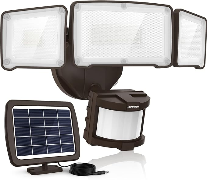 LEPOWER 1600LM LED Solar Security Lights Motion Outdoor, 5500K White Light, IP65 Waterproof Outside Flood Solar Light for Yard, Garage（Brown）