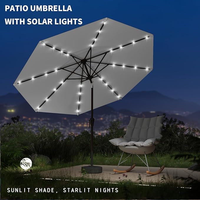 9FT Patio Umbrella with Solar Lights,Outdoor Market Umbrella with Tilt and Crank, LED Lighted Table Umbrella for Garden,Deck,Backyard,Pool,Beach