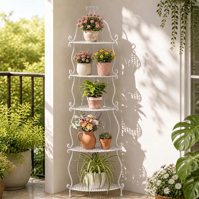 Gisafai 5 Tier Outdoor Corner Plant Stand, Corner Bakers Rack, No Assembly Required Metal Corners Shelf, for Patio Garden Balcony Indoor Outdoor Decor (White)
