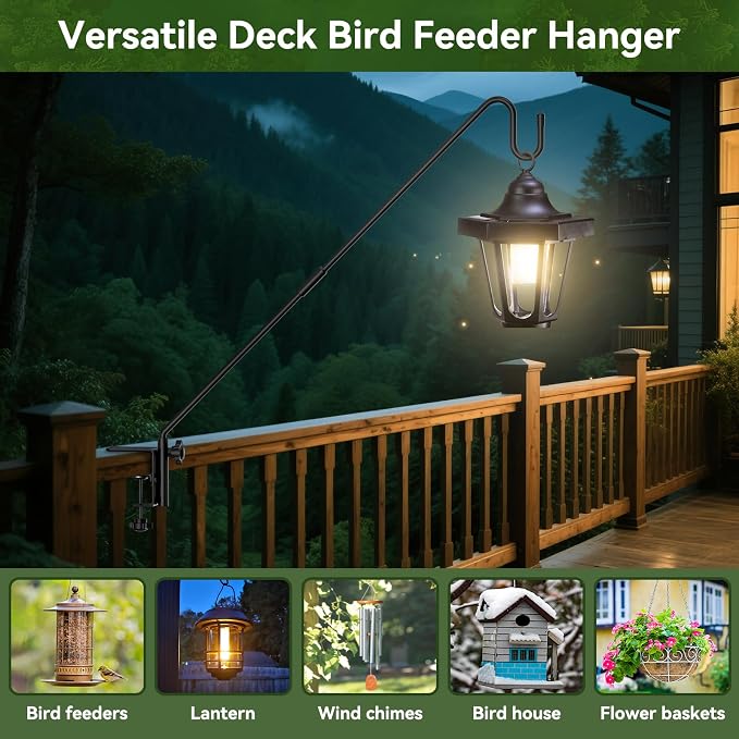 28" Adjustable Deck Railing Hook, Heavy Duty Rotating Plant Hanger | Clamp-mount for Bird Feeders, Planters, Lanterns & Wind Chimes | Fits up to 2.75" | 12 lbs Capacity | 360° Rotation