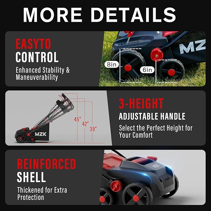 MZK 15-inch 2-in-1 Electric Dethatcher and Scarifier w/Removeable 5-Position Height Adjustment,Lawn dethatcher w/12-Gallon Thatch Collection Bag,Keep Lawn Health