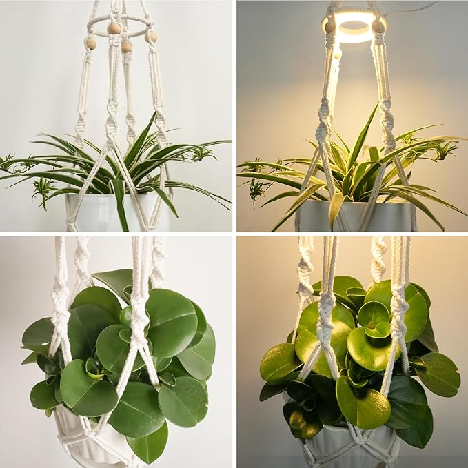 2 Pack Macrame Plant Hanger with Grow Light: Sturdy Hanging Planters for Indoor Plants, Cute Plant Holder with Plant Light, Fits 5–9 Inch Pots (Daylight Spectrum)