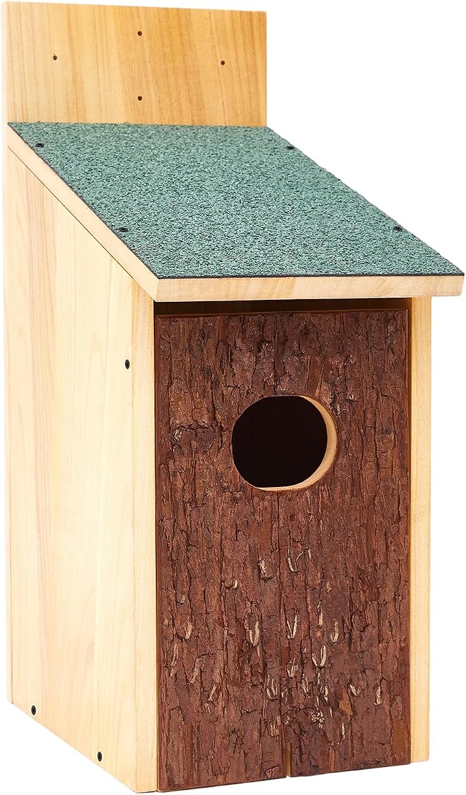 Yaocom 22.8 x 14.6 x 11.0 Inch Wooden Duck Nesting Box with Bark Door Asphalt Roof Waterproof Camouflage Duck House for Outside Tree Wall & Pole Installation