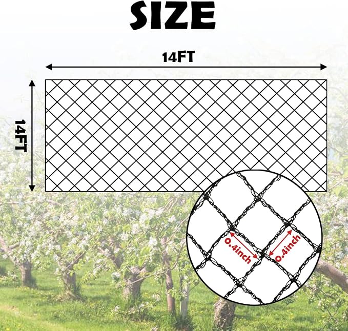 Meanchen Bird Netting 14x14 Ft, 1/2In Mesh Heavy Duty Garden Netting Pest Barrier for Plants, Vegetables, Extra Strong Woven Mesh Netting, Animal Fencing for Fruit Trees Against Birds, Deer, Poultry