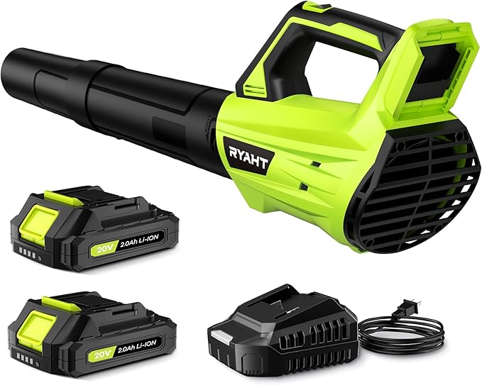 Leaf Blower Cordless, Leaf Blower with Battery and Charger - 2 Speed Modes, 2 Batteries, 20V Powerful Lightweight Electric Blowers for Blowing Leaves, Lawn Care, Patio Cleaning and Dust, Green