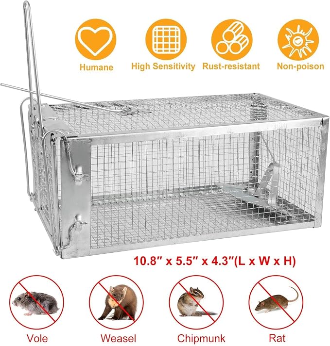 TeqHome Humane Rat Trap, 3 Pack Small 1-Door Live Chipmunk Trap That Work for Indoor and Outdoor,Easy to Catch and Release Live Animal Traps Mouse Cage Traps Reusable for Rodents Mice Voles Hamsters