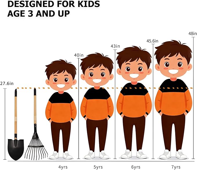 Kids Garden Tool Set, 2-Piece Rake and Shovel with Wooden Handles, 28 Inch Long, Black Metal Gardening Tools for Boys and Girls Digging Sand, Outdoor Toy Gifts for Sandbox