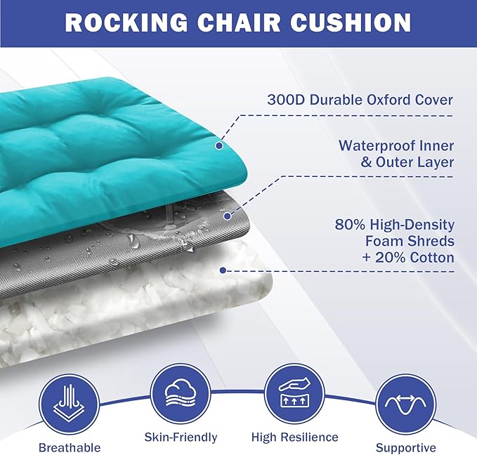 IPYNBAP Rocking Chair Cushion, Waterproof and Fade-Resistant Patio Chair Cushions, Tufted Chair Pads for Rocker Furniture, 17x17 Inch, Indoor/Outdoor Seat Cushions with Ties, Teal Blue