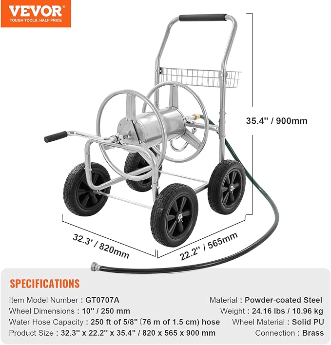 VEVOR Hose Reel Cart, Hold Up to 250 ft of 5/8’’ Hose, Garden Water Hose Carts Mobile Tools with 4 Wheels, Heavy Duty Powder-Coated Steel Outdoor Planting with Storage Basket, for Garden, Yard, Lawn