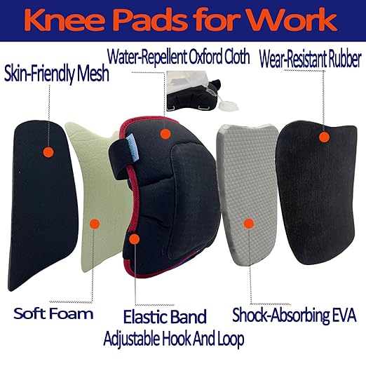 Work Knee Pads Made of Tear Resistant Oxford Cloth and Durable Rubber|Waterproof and Breathable Suitable for Mechanical Repairs and Yard Work|With Adjustable Straps Red