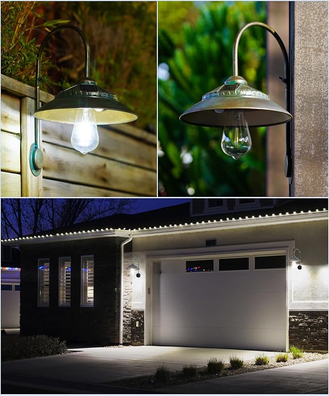 Goodeco Solar Barn Lights for Outside - 2 Pack Outdoor Lights with Motion Sensor, 4 High Efficiency Solar Panels, Warm White Edison LED Bulb for Chicken Coop, Porch, Barn, Shed, Garden (Bronze)