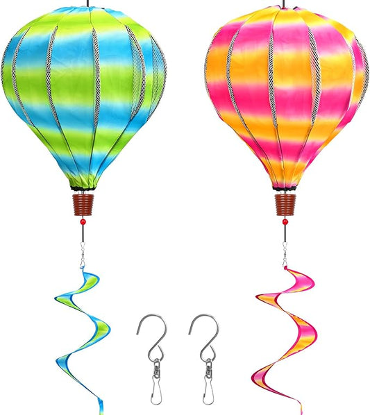 2PCS Giant Rainbow Hot Air Balloon Wind Spinners 14" W x 59" H Large Multicolor Whirligig Wind Spinner Hanging Ornaments for Yard Garden Lawn Outdoor Decorations(Pink&Green)